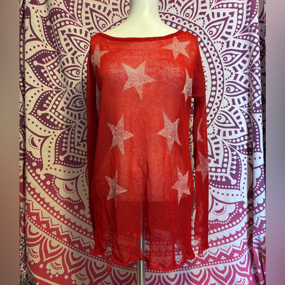 Zenana Outfitters Red with White Stars Sheer Long Sleeve Top Junior’s Size M